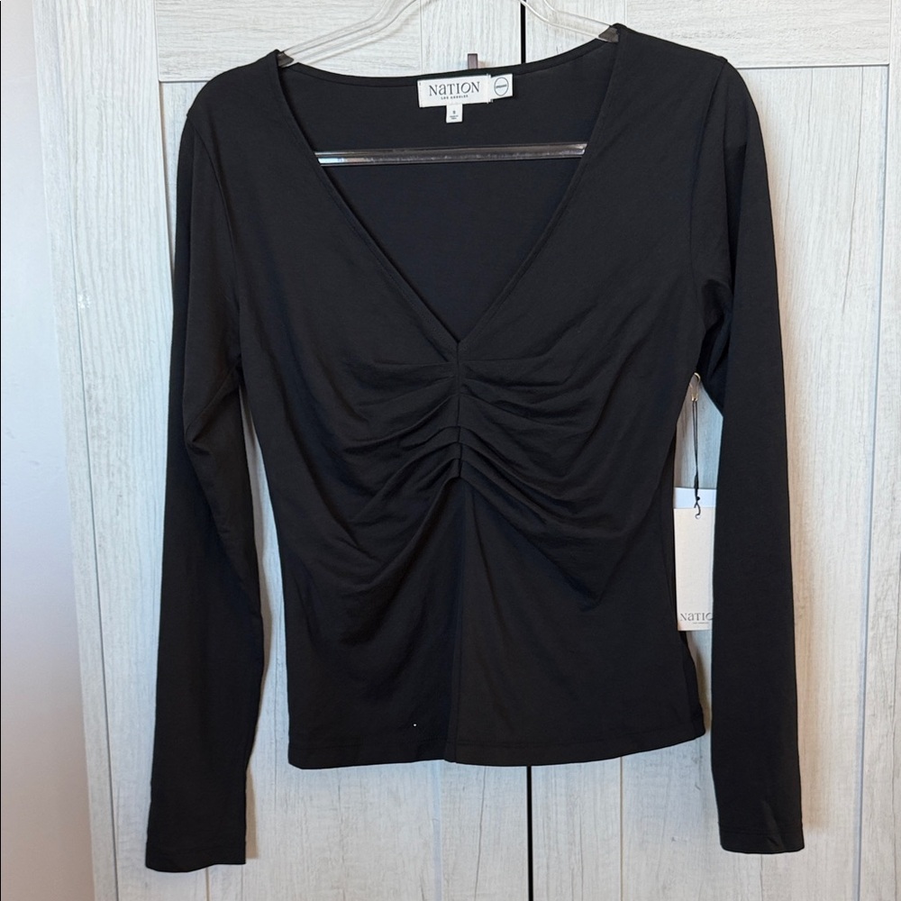 Nation LTD Black Ruched V-Neck Long Sleeve Tee